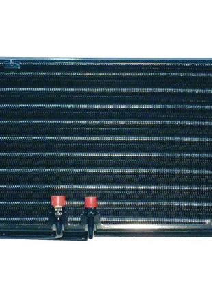 A robust Sparex black car radiator (Condenser, S.106689) with a thick core, featuring a series of horizontal coils and two red-capped valves at the bottom front view.