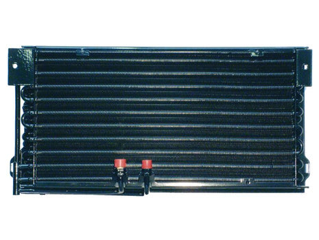 A robust Sparex black car radiator (Condenser, S.106689) with a thick core, featuring a series of horizontal coils and two red-capped valves at the bottom front view.