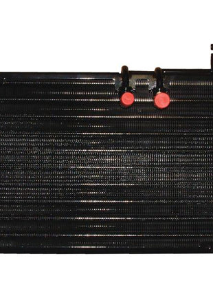 A Sparex Condenser, designed for Massey Ferguson tractors, features a black radiator with red caps attached to two top inlet/outlet pipes and is displayed against a white background.