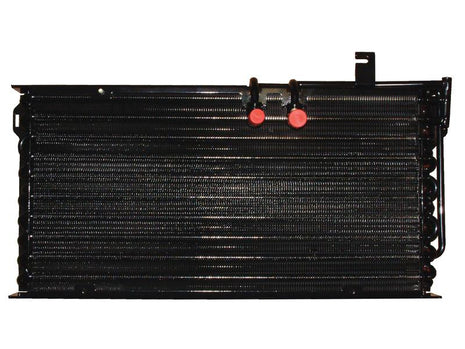 A Sparex Condenser, designed for Massey Ferguson tractors, features a black radiator with red caps attached to two top inlet/outlet pipes and is displayed against a white background.