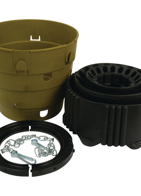 The Sparex PTO Safety Cone (Sparex Part No. S.10670) by Sparex features a disassembled configuration that includes multiple parts: a beige-colored main cone, a black base with aeration slots, and a circular lid holding a chain with hooks.