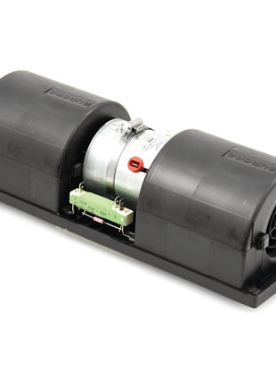 A black cylindrical Complete Assembly Blower Motor with a central metallic motor housing, flanked by protective covers on both sides, mounted on a flat base. This Sparex-approved component (Part No. S.106822) is compatible with Massey Ferguson models.