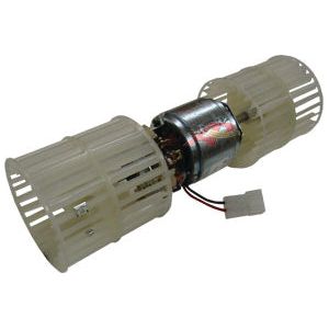 Image of a Blower Motor With Wheel (Sparex Part No.S.106827) by Sparex, featuring a dual squirrel cage blower fan powered by a 12V motor in the center and connected by wiring.