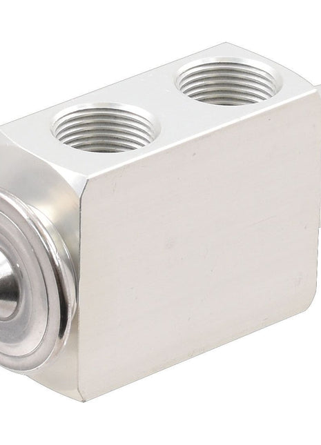 A rectangular metal component with three threaded holes and a round, button-like feature on one side, compatible with the O Ring Type Expansion Valve (Sparex Part No. S.106832) from Sparex or Deutz-Fahr AGROPRIMA.