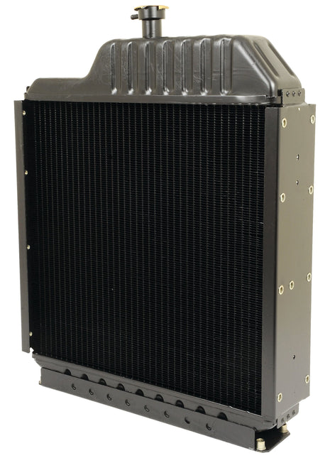 A black, rectangular Sparex Radiator - S.107203 stands upright, showcasing its gridded cooling fins and sturdy metal construction, ideal for Massey Ferguson engines.