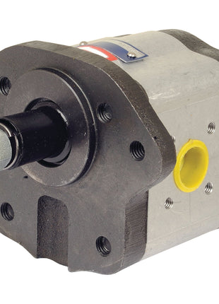 A metal Sparex single hydraulic pump (S.107210) with a black base and silver body, featuring a protruding black shaft, yellow inlet/outlet ports, and mounting holes – ideal for Massey Ferguson tractors.