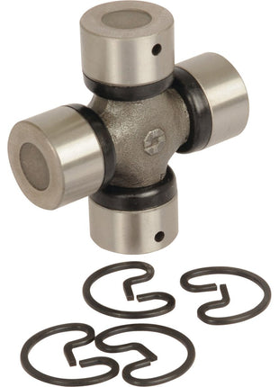 A Universal Joint 23.9 x 62mm (Sparex Part No. S.107247) by Sparex, featuring four black circular snap rings displayed below it, available from Sparex.