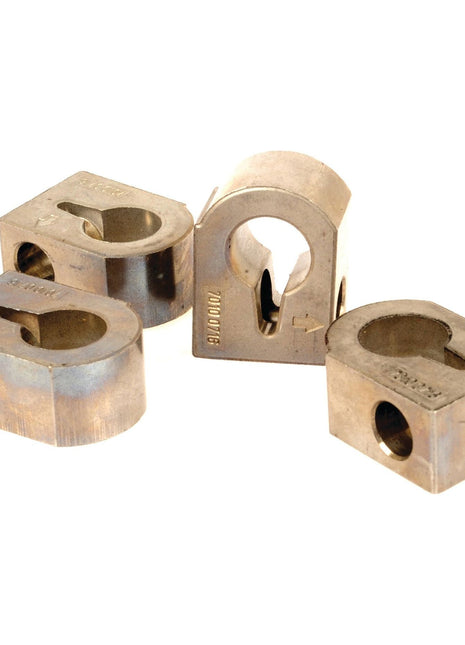 A set of four Rocker Arm Brackets from Sparex (Part No. S.107261), featuring a central hole for securing cables, reminiscent of components used in Massey Ferguson machinery, are arranged haphazardly on a white background.