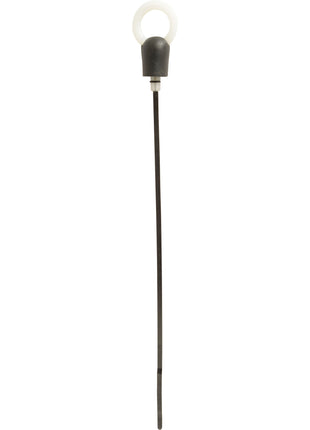 A slender, black plastic Dipstick with a white circular handle on top, perfect for use with Massey Ferguson models (Sparex Part No.S.107265).