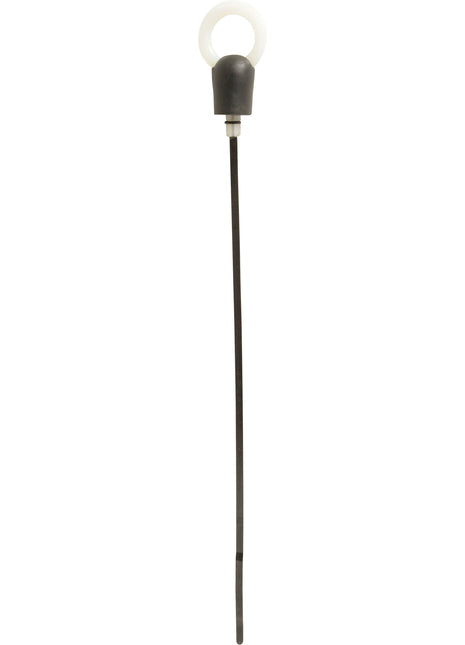 A slender, black plastic Dipstick with a white circular handle on top, perfect for use with Massey Ferguson models (Sparex Part No.S.107265).