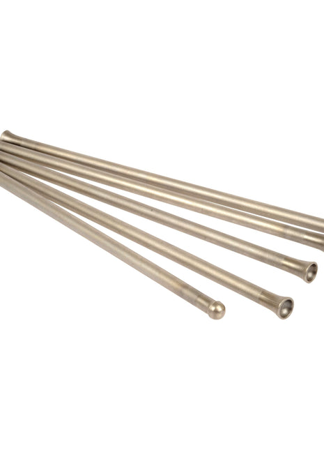 Five uniformly cylindrical metal rods of varying lengths with rounded ends are laid out in a slightly fanned arrangement on a white background, reminiscent of the Sparex Push Rod Adjuster, Part No. S.107278.