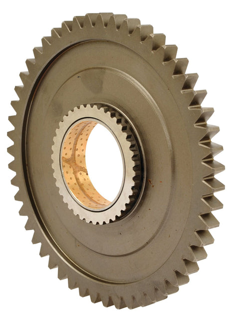 Close-up view of the Sparex Transmission Gear - 12 Speed (Sparex Part No. S.107307) featuring evenly spaced teeth around its circumference and a smaller, perforated central hole, reminiscent of those used in Brazilian tractors by Massey Ferguson.