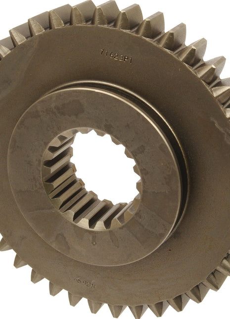 Close-up of the Transmission Gear - 8 Speed (Sparex Part No.S.107332) with multiple teeth, featuring a central hole with a toothed inner ring. The gear has numbers inscribed on it and is compatible with Massey Ferguson tractor parts, reflecting the high quality Sparex is known for.