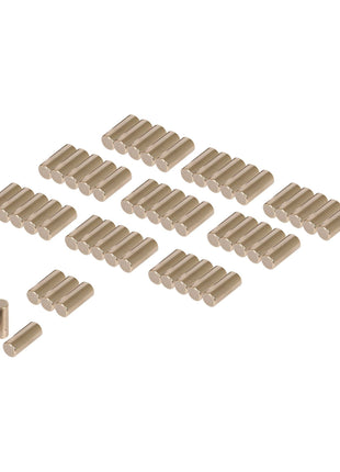 Several rows of identical small metallic cylindrical objects, arranged neatly with two extras placed separately on the left side—resembling precision Sparex Needle Bearing (50 pcs.) | Sparex Part No.S.107341 from the brand Sparex.