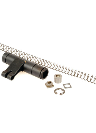 A collection of mechanical parts, including a coiled spring, a cylindrical tube with an attached bracket, and several small metal components, arranged on a white background, reminiscent of those found in the Oscillator - Hydraulic Pump (Sparex Part No. S.107364) by Sparex.