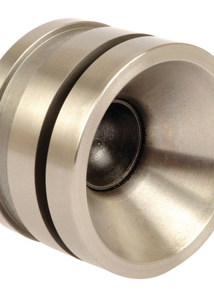 The Piston - Hydraulic Cylinder (Sparex Part No. S.107370) from Sparex, featuring a metallic conical design with two circular grooves on its outer surface and a central spherical element, is essential for the hydraulic cylinder of a Massey Ferguson tractor.