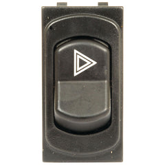 The Switch - Indicator (Sparex Part No. S.107385) is a rectangular black rocker switch featuring a white triangle arrow symbol in the center, pointing upward. This high-quality switch from Sparex is compatible with Massey Ferguson tractor models, ensuring reliable performance.