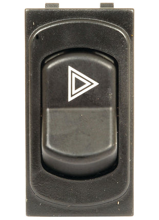 The Switch - Indicator (Sparex Part No. S.107385) is a rectangular black rocker switch featuring a white triangle arrow symbol in the center, pointing upward. This high-quality switch from Sparex is compatible with Massey Ferguson tractor models, ensuring reliable performance.