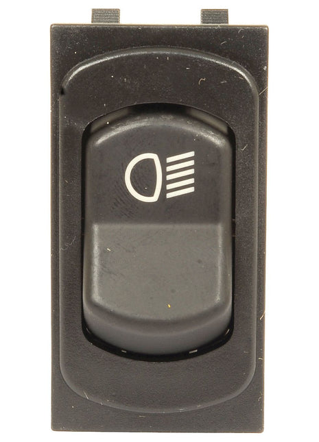 Close-up of a black rectangular car headlight switch marked with a headlight icon, compatible with Massey Ferguson models. This is the "Switch - High Beam" (Sparex Part No. S.107386) from Sparex.