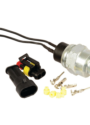 A Sparex Switch (Sparex Part No. S.107390) pressure sensor with two wires, a connector, multiple yellow rubber seals, and metal terminals, arranged on a white background. Ideal for compatibility with Massey Ferguson BRAZILIAN and Landini 7830 tractors.