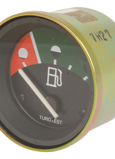 The Fuel Gauge (Sparex Part No. S.107394) from Sparex is a 58mm instrument featuring a needle currently indicating the empty (red) section. Designed for compatibility with Massey Ferguson tractors, this gauge includes a green section to denote full and prominently displays a gas pump icon in the center, ensuring both accuracy and durability as expected from Sparex quality products.
