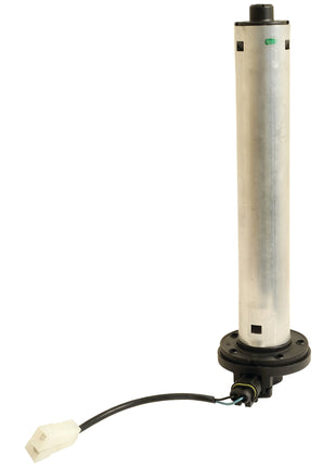 The Sparex Fuel Sender Unit (Sparex Part No. S.107415) is a cylindrical metallic device with a black base and attached wires, featuring a connector at the end, resembling the fuel sender unit often found in models like the Massey Ferguson.