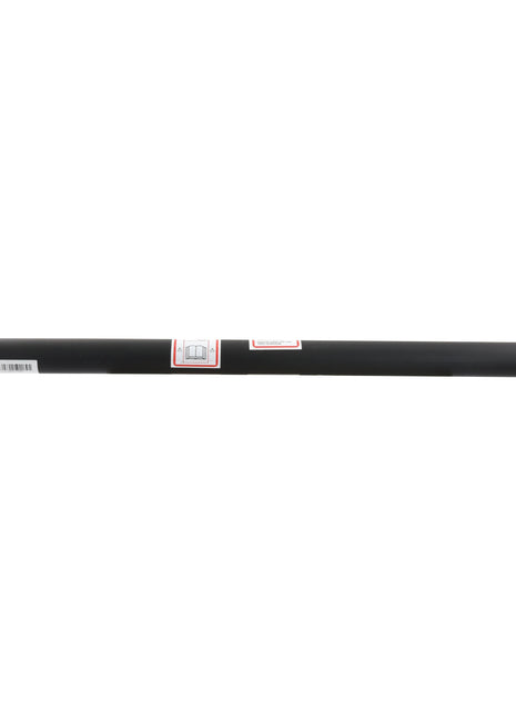 This black, cylindrical drive shaft with barcode label and two connectors on each end is designed for automotive applications. It includes a Small PTO Guard (Lz Length: 905mm) by Sparex, Part No. S.10788, for enhanced safety.