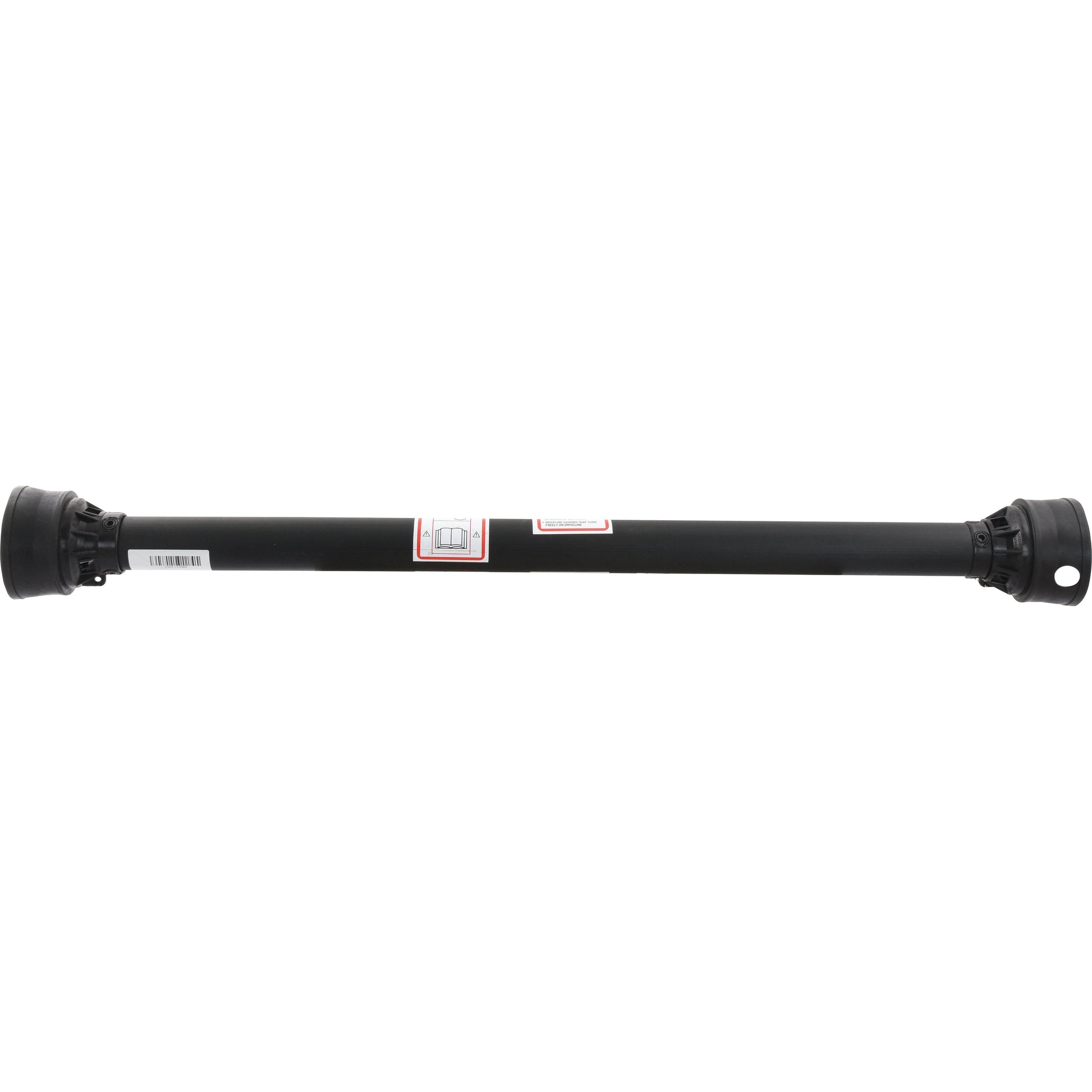 This black, cylindrical drive shaft with barcode label and two connectors on each end is designed for automotive applications. It includes a Small PTO Guard (Lz Length: 905mm) by Sparex, Part No. S.10788, for enhanced safety.