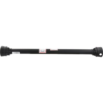 This black, cylindrical drive shaft with barcode label and two connectors on each end is designed for automotive applications. It includes a Small PTO Guard (Lz Length: 905mm) by Sparex, Part No. S.10788, for enhanced safety.