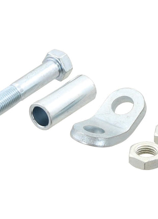 Close-up of the Stabiliser Eye Bolt Assembly - Hole Ø10 & 12mm by Sparex (Part No.S.1080), featuring an eyebolt, a sleeve, a slotted metal bracket, and two nuts on a white background.