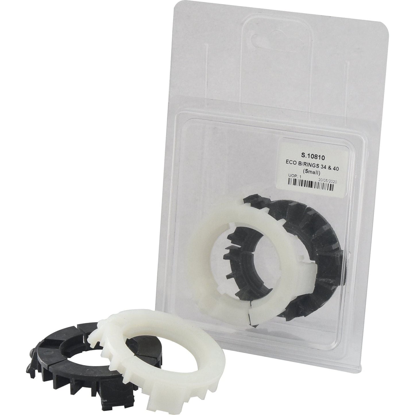 The ECO B/RINGS 34 & 40 (Small) by Sparex, available in black and white from the Italian Series, are displayed both inside and outside their Agripak packaging. The packaging is labeled with a barcode and the text "ECO B/RINGS.