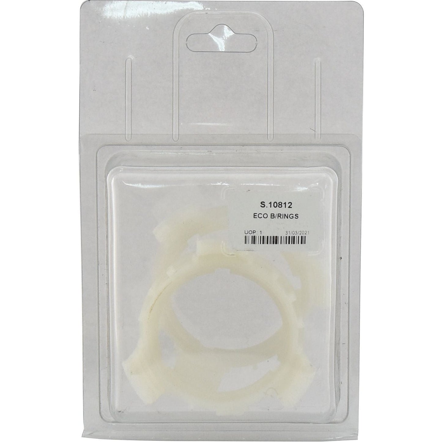 A clear plastic packaging containing a small white circular object, labeled "Sparex ECO B/RINGS" with a barcode and "Sparex Part No.S.10812" in the middle of the package, ideal for use as PTO Economy Guard Rings.