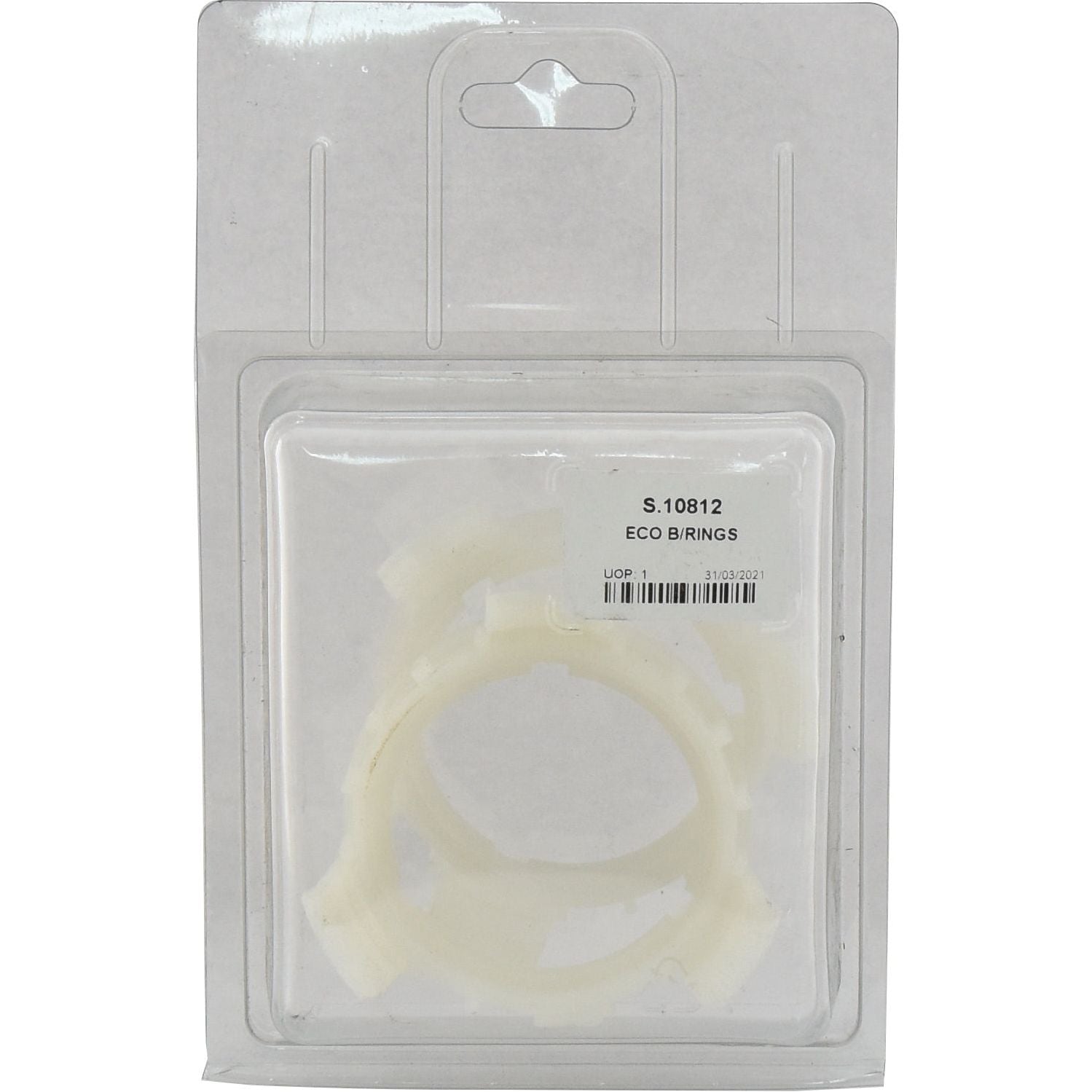 A clear plastic packaging containing a small white circular object, labeled "Sparex ECO B/RINGS" with a barcode and "Sparex Part No.S.10812" in the middle of the package, ideal for use as PTO Economy Guard Rings.