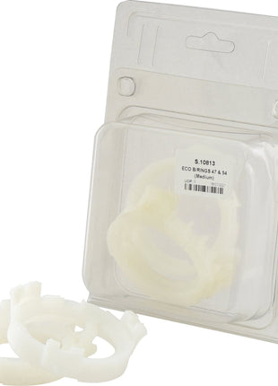 The plastic packaging, identified as Sparex Part No. S.10813 from the Italian Series, contains several translucent circular components with notches tagged as ECO B/RINGS 47 & 54 (Medium), along with three identical pieces located outside the package.