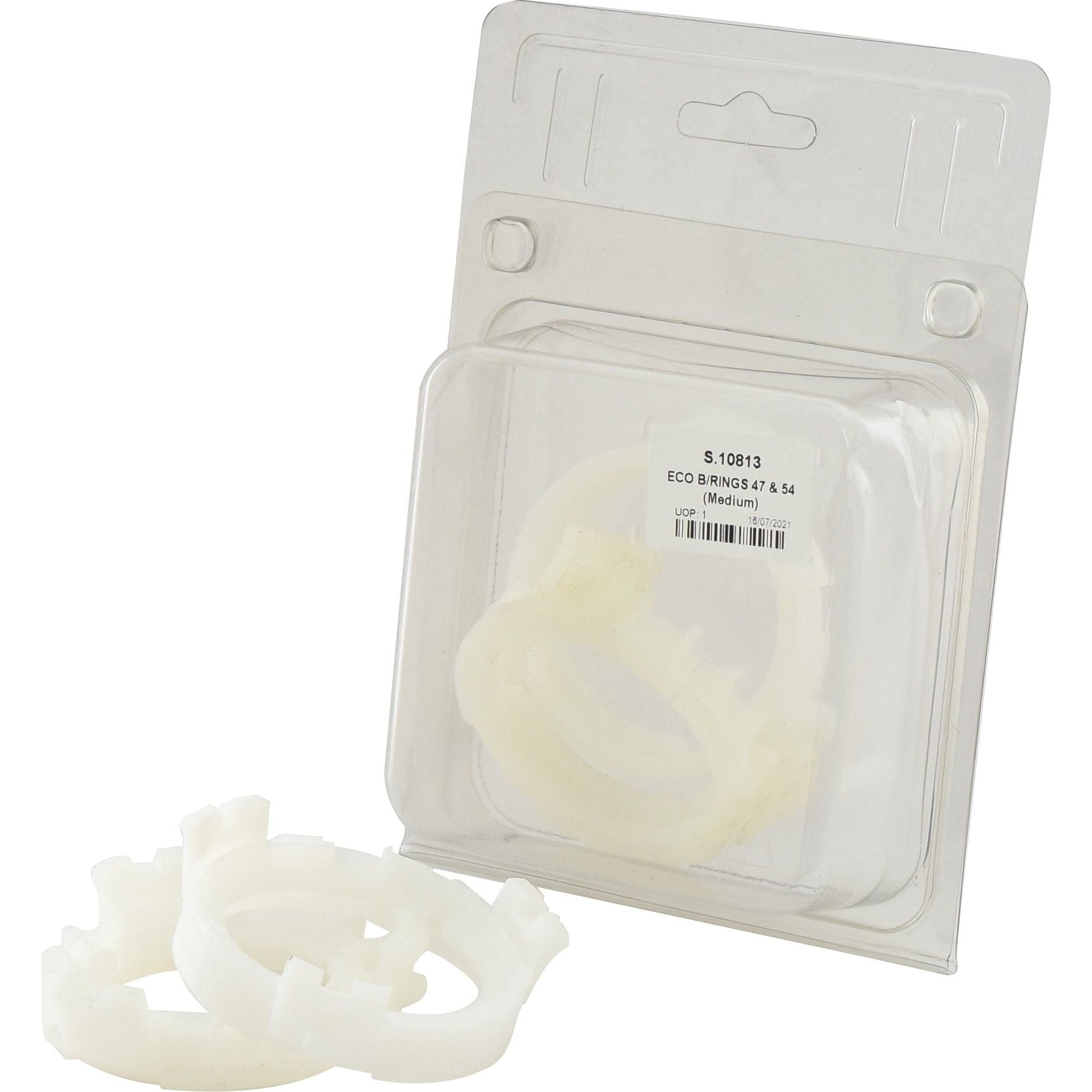 The plastic packaging, identified as Sparex Part No. S.10813 from the Italian Series, contains several translucent circular components with notches tagged as ECO B/RINGS 47 & 54 (Medium), along with three identical pieces located outside the package.