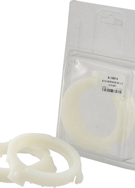 Two white plastic PTO Economy Guard Rings, labeled as Sparex ECO B/RINGS 63 x 2 (Large) with Sparex Part No.S.10814, are displayed—one outside and one inside clear retail packaging, accompanied by a product information label.