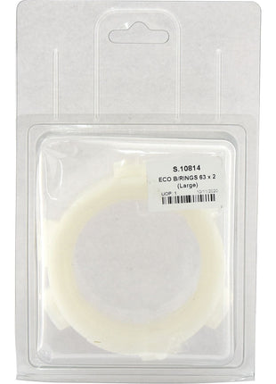 Image of a packaged product labeled "ECO B/RINGS 63 x 2 (Large) | Sparex Part No.S.10814," enclosed in a clear plastic clamshell with a barcode on the front. The item is white and circular, ideal for use as PTO Economy Guard Rings, and is branded by Sparex.