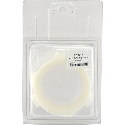 Image of a packaged product labeled "ECO B/RINGS 63 x 2 (Large) | Sparex Part No.S.10814," enclosed in a clear plastic clamshell with a barcode on the front. The item is white and circular, ideal for use as PTO Economy Guard Rings, and is branded by Sparex.