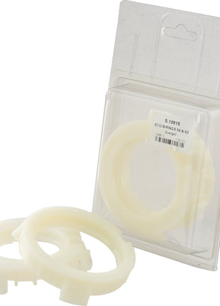 Two white plastic rings, one in the packaging and one outside, against a white background. These ECO B/RINGS 54 & 62 (Large) from Sparex (Part No.S.10815) offer durability and style.