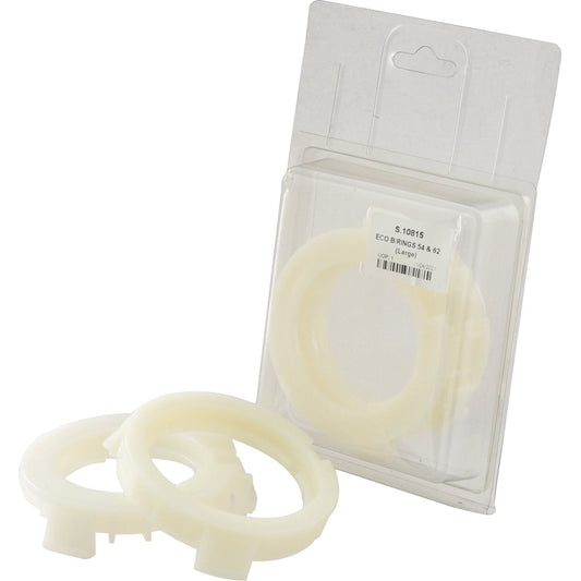 Two white plastic rings, one in the packaging and one outside, against a white background. These ECO B/RINGS 54 & 62 (Large) from Sparex (Part No.S.10815) offer durability and style.