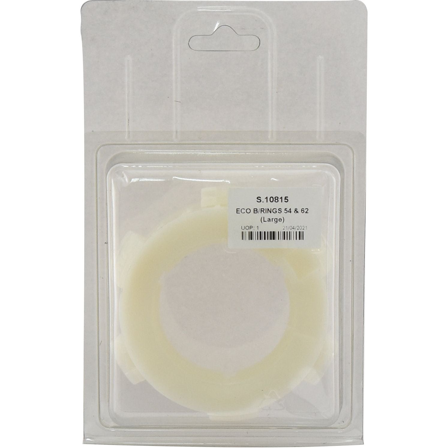 A white plastic ring labeled "ECO B/RINGS 54 & 62 (Large)" inside a clear plastic package with a hang tab, ideal for Agripak users. This product is identified by Sparex Part No. S.10815 and is made by the brand Sparex.