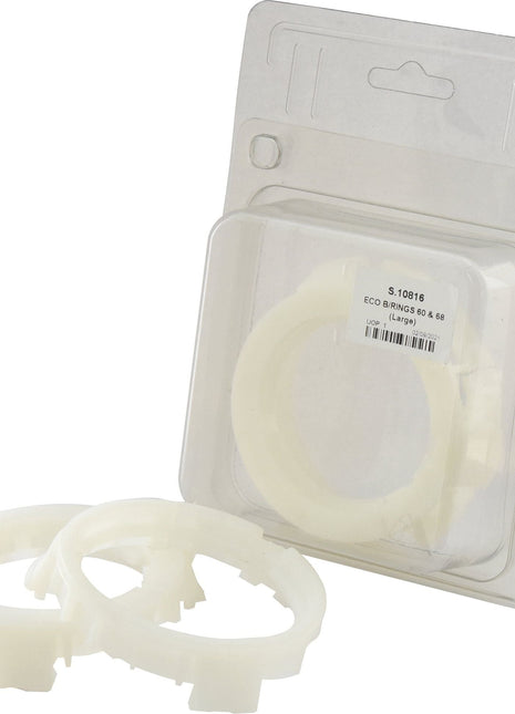 Two white plastic ECO B/RINGS 60 & 68 (Large) by Sparex (Part No. S.10816) are displayed, with a third ring partially visible inside an open Agripak package.