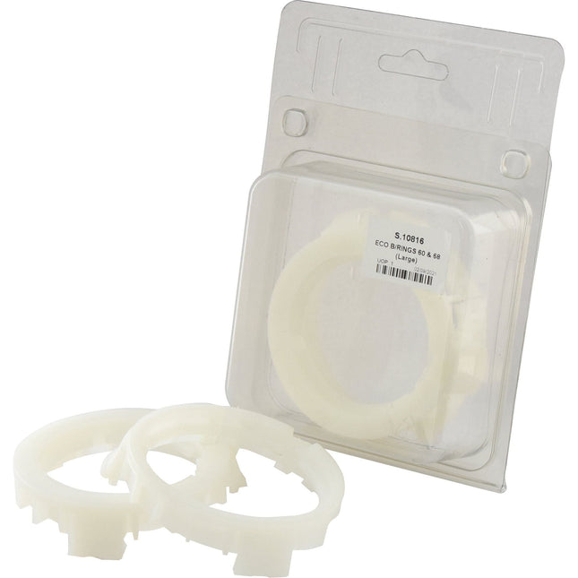 Two white plastic ECO B/RINGS 60 & 68 (Large) by Sparex (Part No. S.10816) are displayed, with a third ring partially visible inside an open Agripak package.