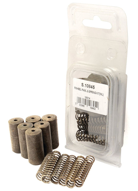 Package containing multiple metal springs and cylindrical components labeled "Sparex Part No.S.10845," includes a Freewheel Pawl & Spring Kit (N/L) and detailed Tariff Code information.