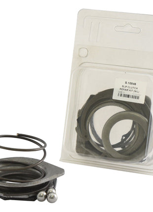 Displayed next to its packaging, the 8-piece Sparex SLIP CLUTCH REPAIR KIT (N/L) | Sparex Part No.S.10846 includes essential components such as a spring, metal discs, and balls. Ideal spares for repairing slip clutches.