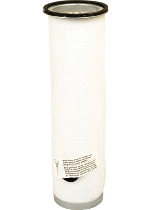 The Air Filter - Inner - AF1966 (Sparex Part No. S.108750) by Sparex is a cylindrical white filter with a metal rim at the top and a label with small text near the bottom, designed for tractor compatibility, ensuring optimal performance and longevity.