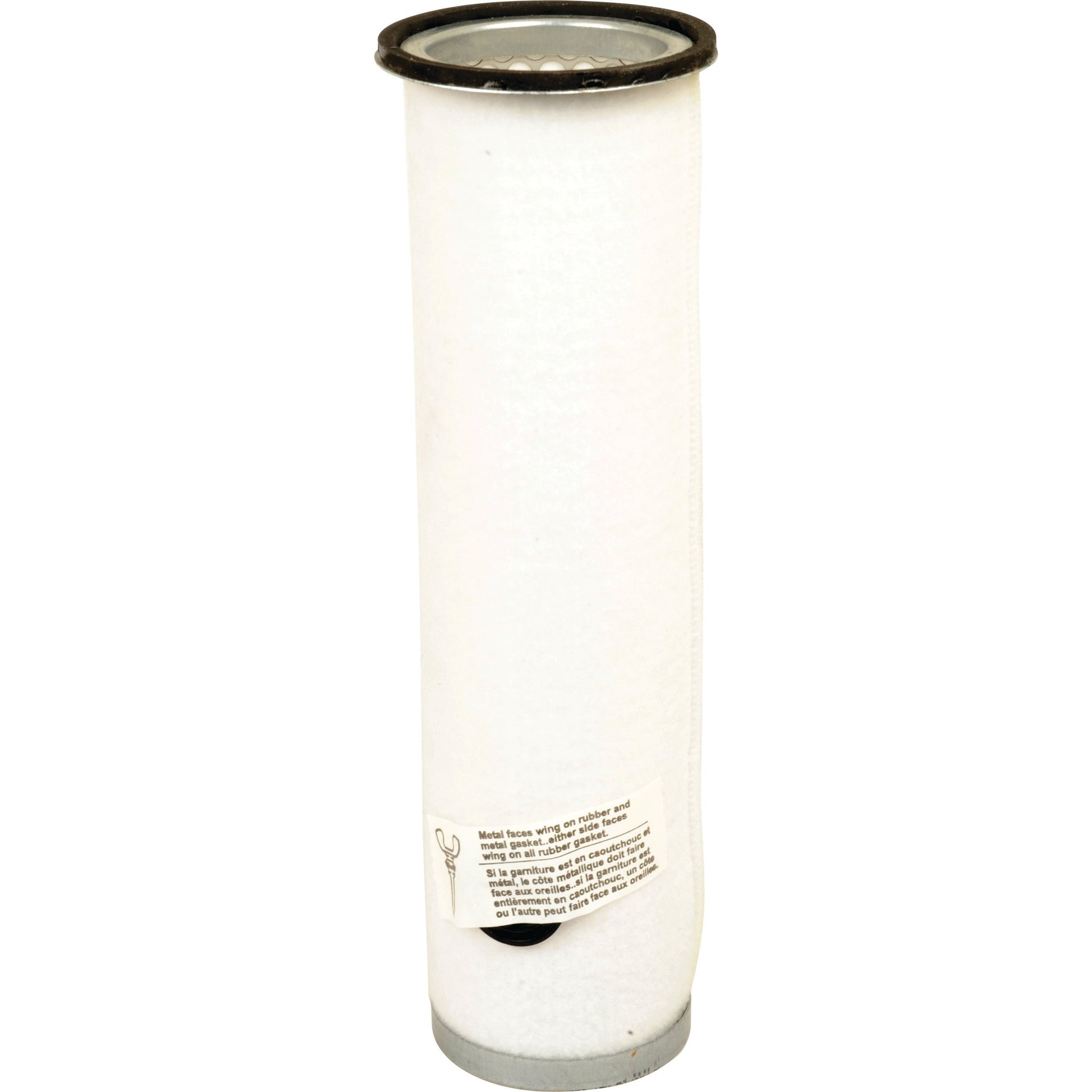 The Air Filter - Inner - AF1966 (Sparex Part No. S.108750) by Sparex is a cylindrical white filter with a metal rim at the top and a label with small text near the bottom, designed for tractor compatibility, ensuring optimal performance and longevity.