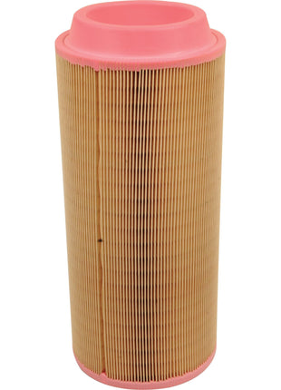 A cylindrical Sparex Air Filter - Outer - AF26393 (Sparex Part No. S.108871) featuring pleated, beige filter material and pink rubber end caps, used for filtration in automotive or industrial applications.