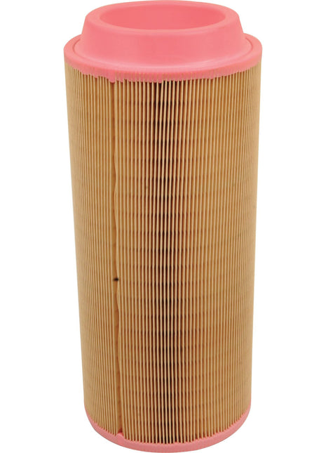 A cylindrical Sparex Air Filter - Outer - AF26393 (Sparex Part No. S.108871) featuring pleated, beige filter material and pink rubber end caps, used for filtration in automotive or industrial applications.