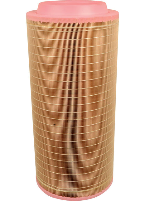 A cylindrical Sparex Air Filter - Outer - AF26399 (Sparex Part No. S.108875) features a pink top and bottom along with a beige, pleated filtration surface. It is suitable for use in Claas LEXION machinery.